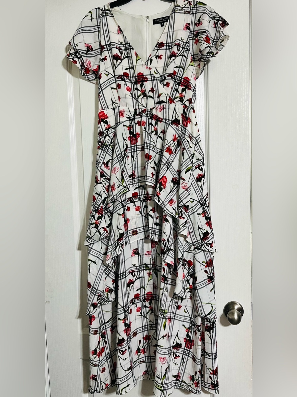 RACHEL Rachel Roy Ivory Plaid Maxi Dress with Red Floral Print Size 4